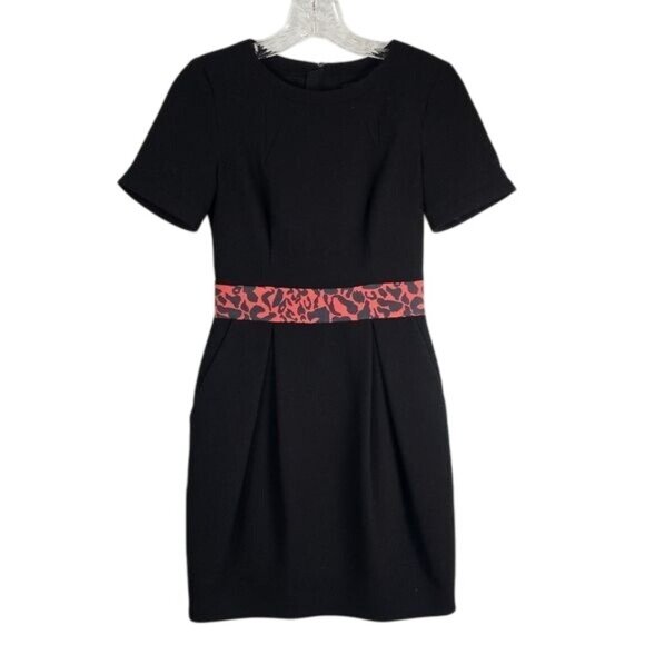 Karen Millen Black Mini Dress Sz 4 Animal Print Round Neck Short Sleeves Pleated - Picture 1 of 10